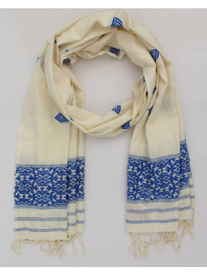NATURAL ERI SILK STOLE WITH BLUE MOTIFS (AHIMSA SILK) NATURAL ERI SILK STOLE WITH BLUE MOTIFS (AHIMSA SILK)