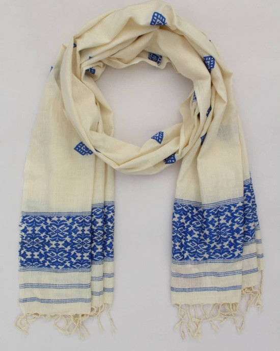NATURAL ERI SILK STOLE WITH BLUE MOTIFS (AHIMSA SILK)