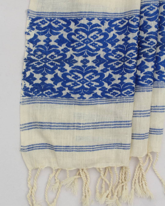 NATURAL ERI SILK STOLE WITH BLUE MOTIFS (AHIMSA SILK)