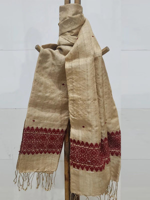 MUGA SILK STOLE WITH MAROON ERI SILK MOTIFS