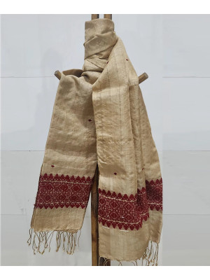 MUGA SILK STOLE WITH MAROON ERI SILK MOTIFS MUGA SILK STOLE WITH MAROON ERI SILK MOTIFS