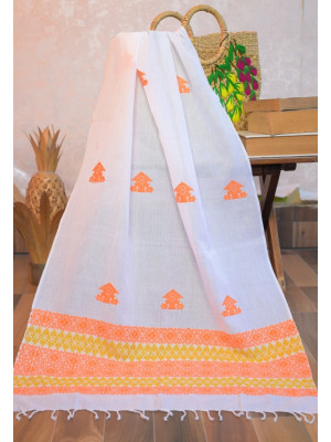White Cotton Handloom stole with Orange motifs