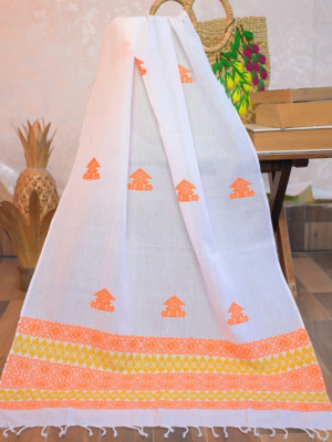 White Cotton Handloom stole with Orange motifs