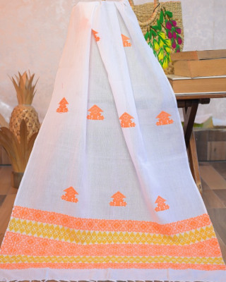 White Cotton Handloom stole with Orange motifs