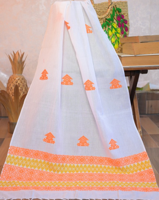 White Cotton Handloom stole with Orange motifs
