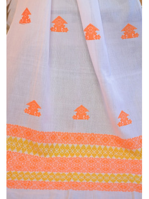 White Cotton Handloom stole with Orange motifs