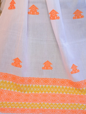 White Cotton Handloom stole with Orange motifs White Cotton Handloom stole with Orange motifs