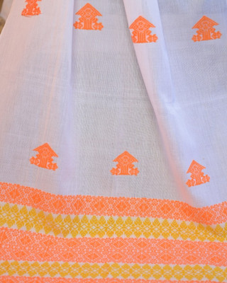 White Cotton Handloom stole with Orange motifs