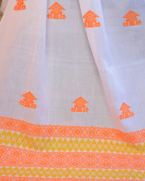 White Cotton Handloom stole with Orange motifs