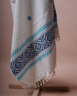 ERI CREAM SILK SHAWL (AHIMSA SILK) WITH BLUE BORDER ERI CREAM SILK SHAWL (AHIMSA SILK) WITH BLUE BORDER