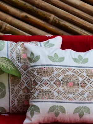 Cushion Cover Set Of White With Green Brown Print Cushion Cover Set Of White With Green Brown Print