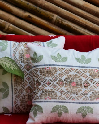 Cushion Cover Set Of White With Green Brown Print