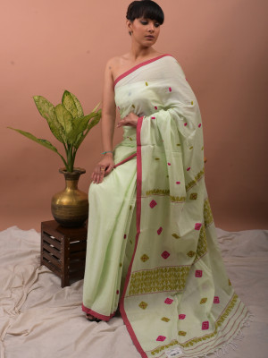 COTTON LIGHT PISTACHIO HANDWOVEN SAREE