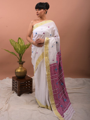 COTTON WHITE HANDWOVEN SAREE