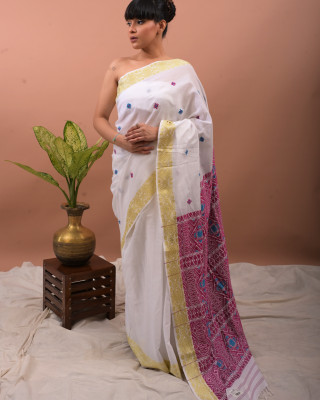 COTTON WHITE HANDWOVEN SAREE