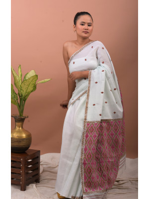 COTTON WHITE HANDWOVEN SAREE PINK AND GOLDEN BORDER COTTON WHITE HANDWOVEN SAREE PINK AND GOLDEN BORDER