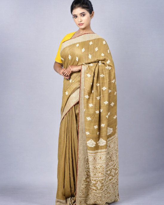 Tea Waste Natural Dye Pure Eri Silk Handloom Saree