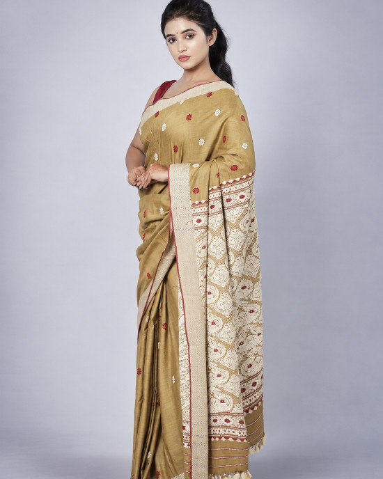 Tea Waste Natural Dye Pure Eri Silk Handloom Saree