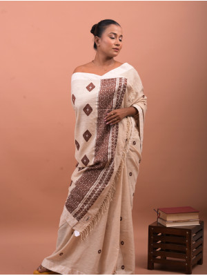 ERI BEIGE COLOUR SILK SAREE (AHIMSA SILK) WITH BROWN BORDER
