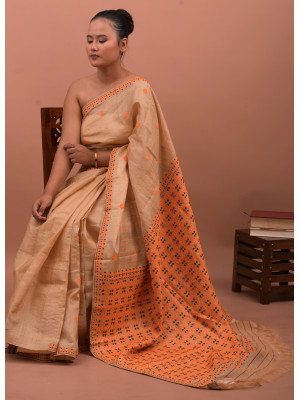 TUSSAR SILK SAREE Orange beige
