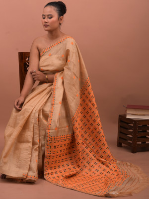 TUSSAR SILK SAREE Orange beige TUSSAR SILK SAREE Orange beige
