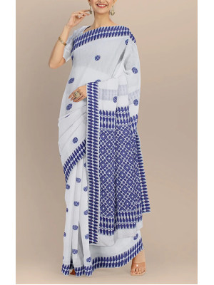 COTTON HANDWOVEN WHITE SAREE WITH BLUE MOTIFS COTTON HANDWOVEN WHITE SAREE WITH BLUE MOTIFS