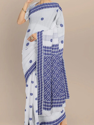 COTTON HANDWOVEN WHITE SAREE WITH BLUE MOTIFS COTTON HANDWOVEN WHITE SAREE WITH BLUE MOTIFS
