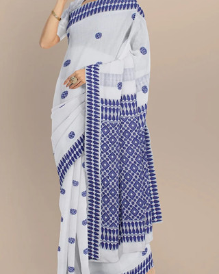 COTTON HANDWOVEN WHITE SAREE WITH BLUE MOTIFS