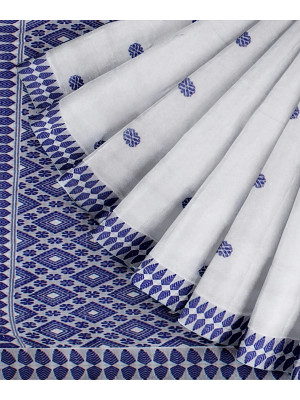 COTTON HANDWOVEN WHITE SAREE WITH BLUE MOTIFS COTTON HANDWOVEN WHITE SAREE WITH BLUE MOTIFS