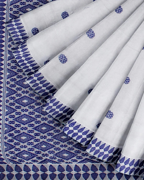COTTON HANDWOVEN WHITE SAREE WITH BLUE MOTIFS